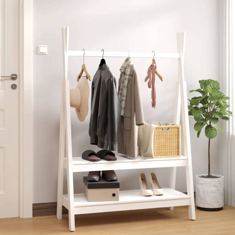 The Living Store Kledingrek Massief grenenhout Opbergruimte Stabiel Ruimtebesparend Wandmontage Montagehandleiding Wit 100x45.5x150 cm