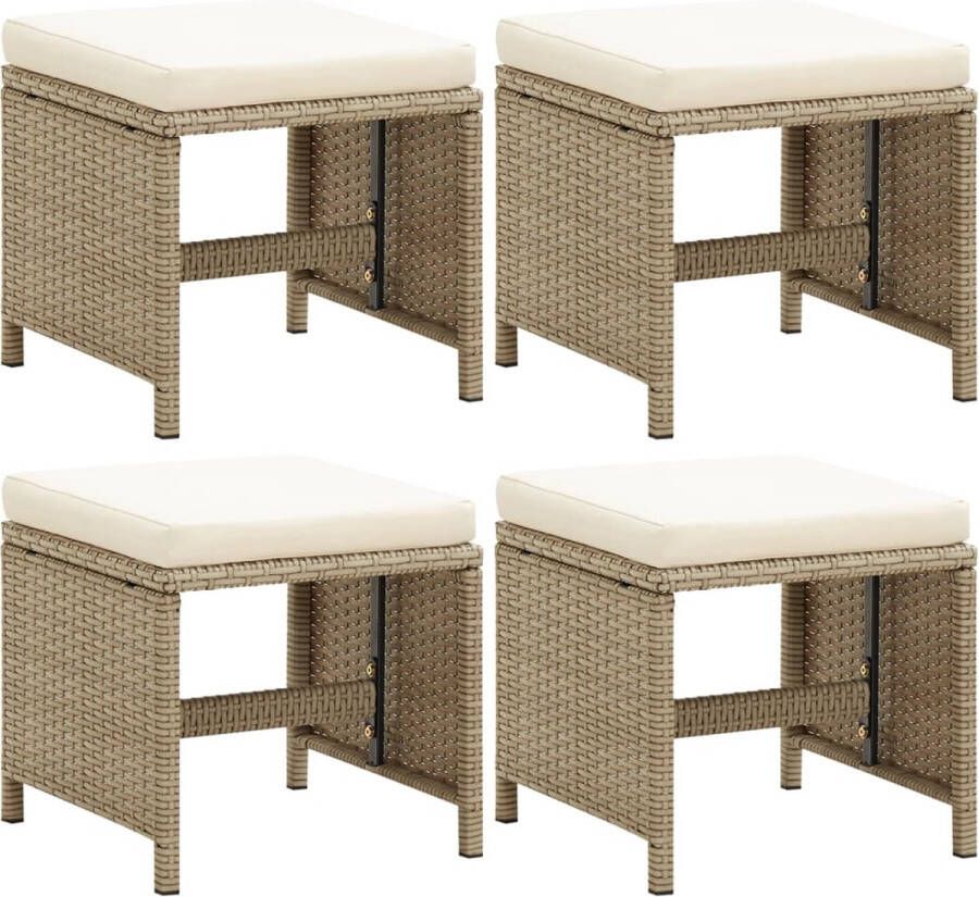 The Living Store Kruk Vierkant 40.5 x 40.5 x 35 cm PE-rattan Beige Crèmewit kussen