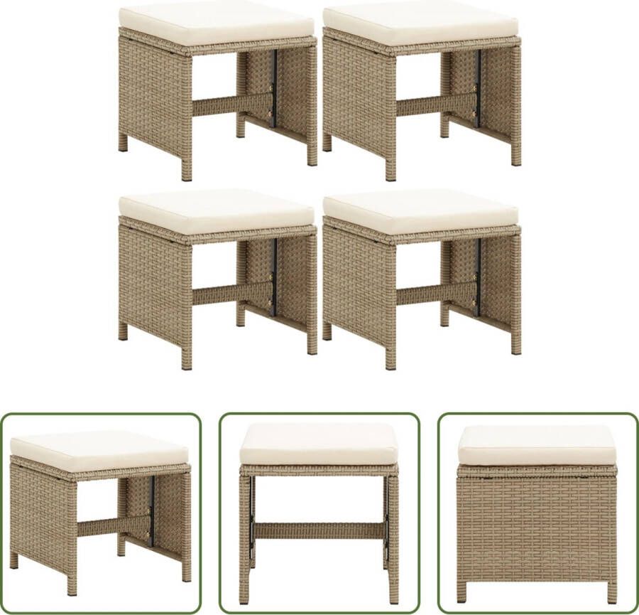 The Living Store Kruk Vierkant 40.5 x 40.5 x 35 cm PE-rattan Beige Crèmewit kussen