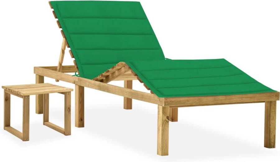 The Living Store Loungebed Tuin Hout Verstelbare Rugleuning Met Tafeltje Groen Kussen 200x70x(31.5-77) cm