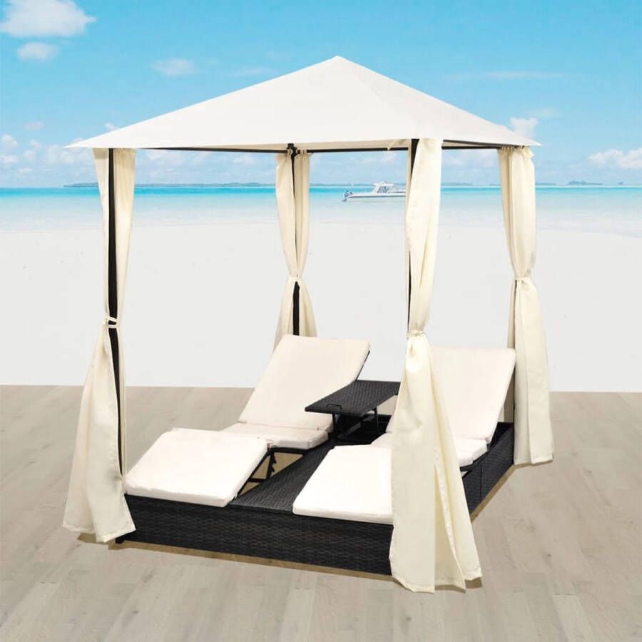 The Living Store Ligbed voor 2 personen Rattan Luxe design Waterbestendig Gepoedercoat stalen frame Inclusief kussens en gordijnen Kleur- zwart Afmetingen- 197 x 140 x 250 cm