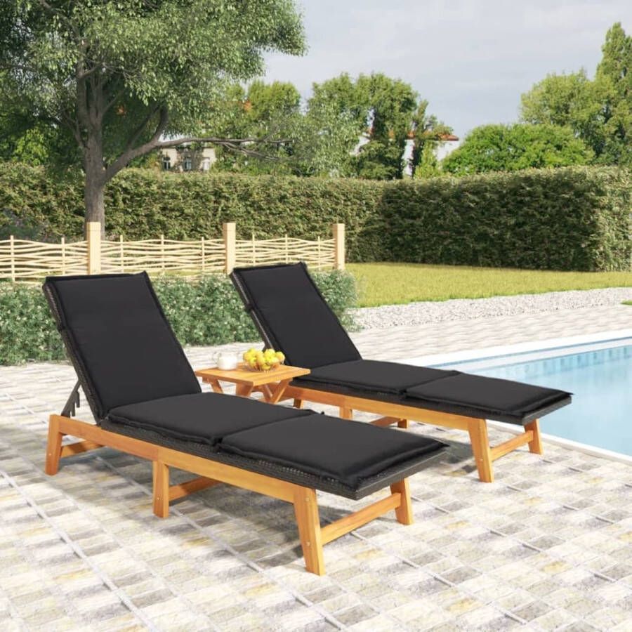 The Living Store Ligbedden Acaciahout PE-rattan Verstelbare rugleuning Zwart Bruin 200x54x87 cm