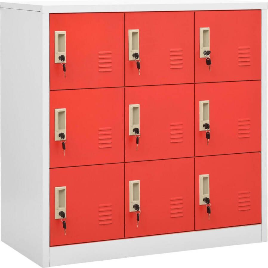 The Living Store Lockerkast modern ontwerp staal lichtgrijs rood 90 x 45 x 92.5 cm 9 lockers met sloten