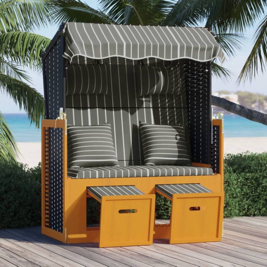 The Living Store Lounge Poly Rattan Strandstoel 115x55x133 151 156 cm Zwart Grijs Wit