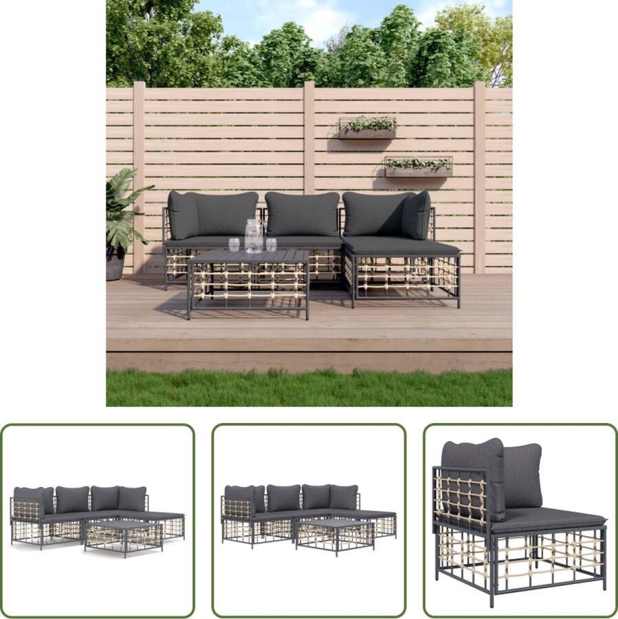 The Living Store Lounge Set Antraciet Poly rattan Hoekbank 72x72x66 cm Middenbank 72x70x66 cm Tafel 70x70x34 cm Voetenbankje 70x70x34 cm Kussen 70x70x5 cm Rugkussen 69x41 cm Montage vereist