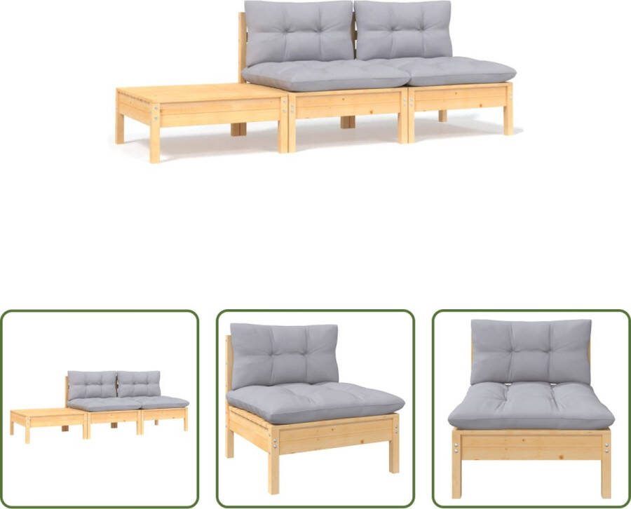 The Living Store Lounge tuinset massief grenenhout grijs kussen 2 middenbanken 1 voetenbank tafel incl kussens 150x150x90 cm