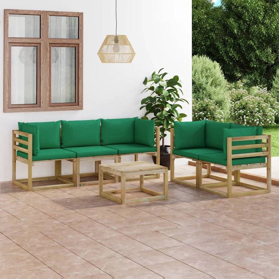 The Living Store Loungebank Grenenhout Groen geïmpregneerd Hoekbank + Middenbank + Tafel Incl Kussens