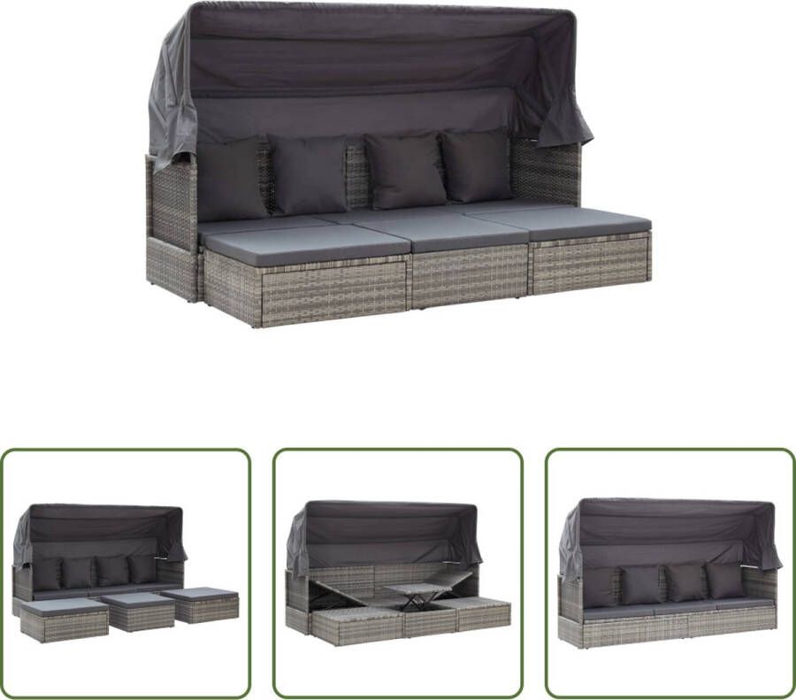 The Living Store Loungebed Gemengd Grijs 200x60x124 cm Duurzaam PE-rattan Weerbestendig Montage vereist Inclusief tafel voetenbank en kussens