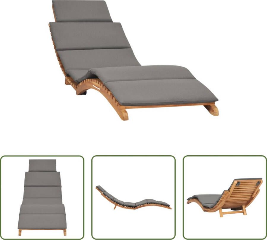 The Living Store Loungebed tuinmeubel Teakhout Ergonomische vorm Donkergrijs kussen 175x50x55cm