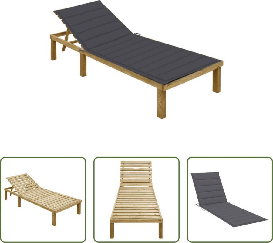 The Living Store Loungebed Tuinmeubelen 200x70cm Verstelbare rugleuning Grenenhout Antraciet kussen