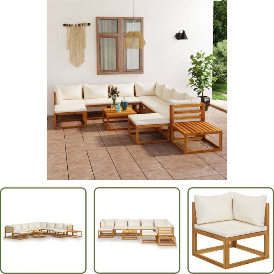 The Living Store Loungeset Acacia Houten Tuinmeubelen 2 salontafels Crème kussens