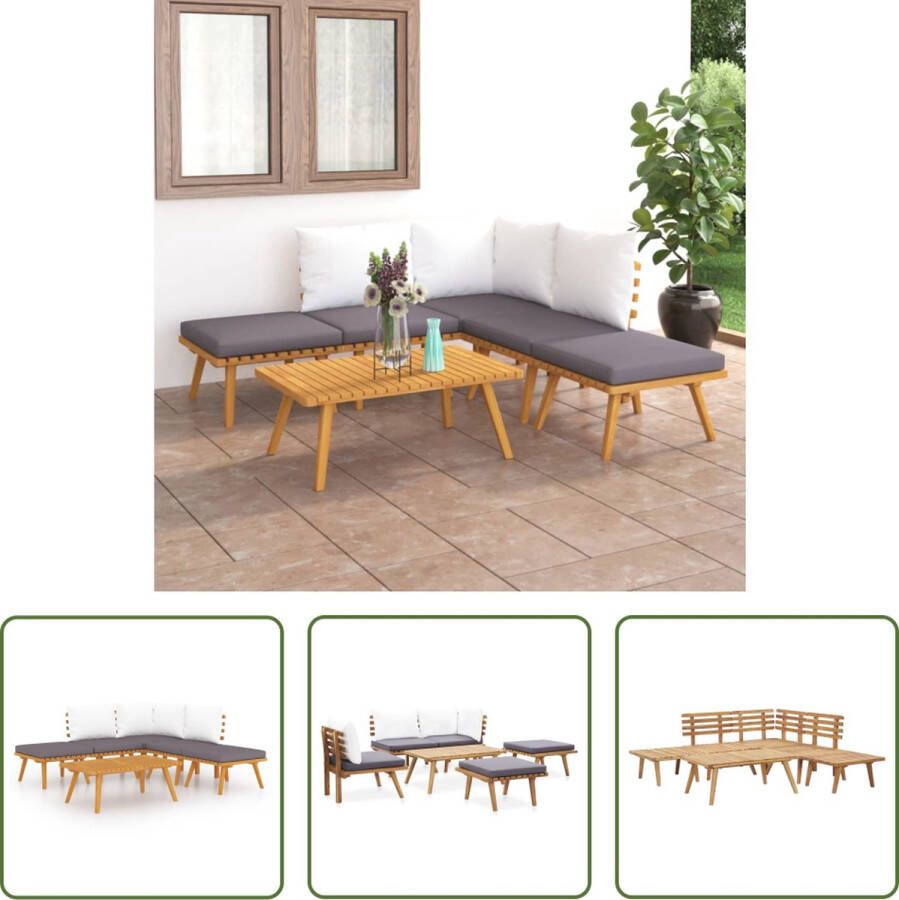 The Living Store Loungeset Acaciahout Hoekbank (65x65x65cm) Middenbank (60x65x65cm) Salontafel (90x55x35cm) Kruk 9x Kussen