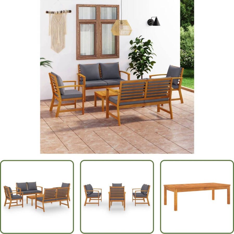 The Living Store Loungeset Acaciahout Inclusief 1 tafel. 2 armstoelen. 2 bankjes Donkergrijs kussen