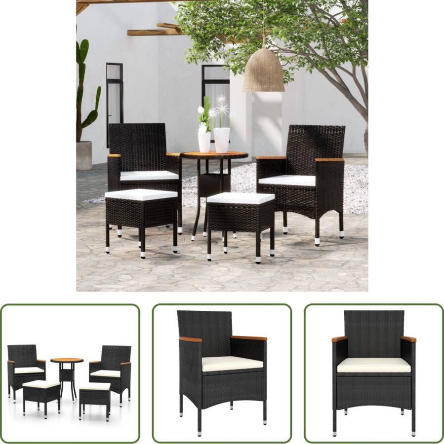 The Living Store Loungeset Acaciahouten Tafel Zwart Poly Rattan Crèmewit Kussen 5-Delig