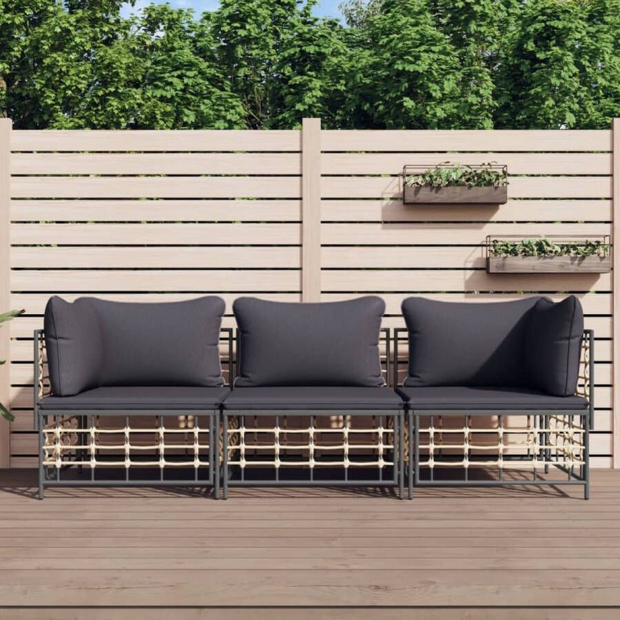 The Living Store Loungeset Antraciet Poly rattan 72 x 72 x 66 cm Inclusief kussens 2 hoekbanken 1 middenbank