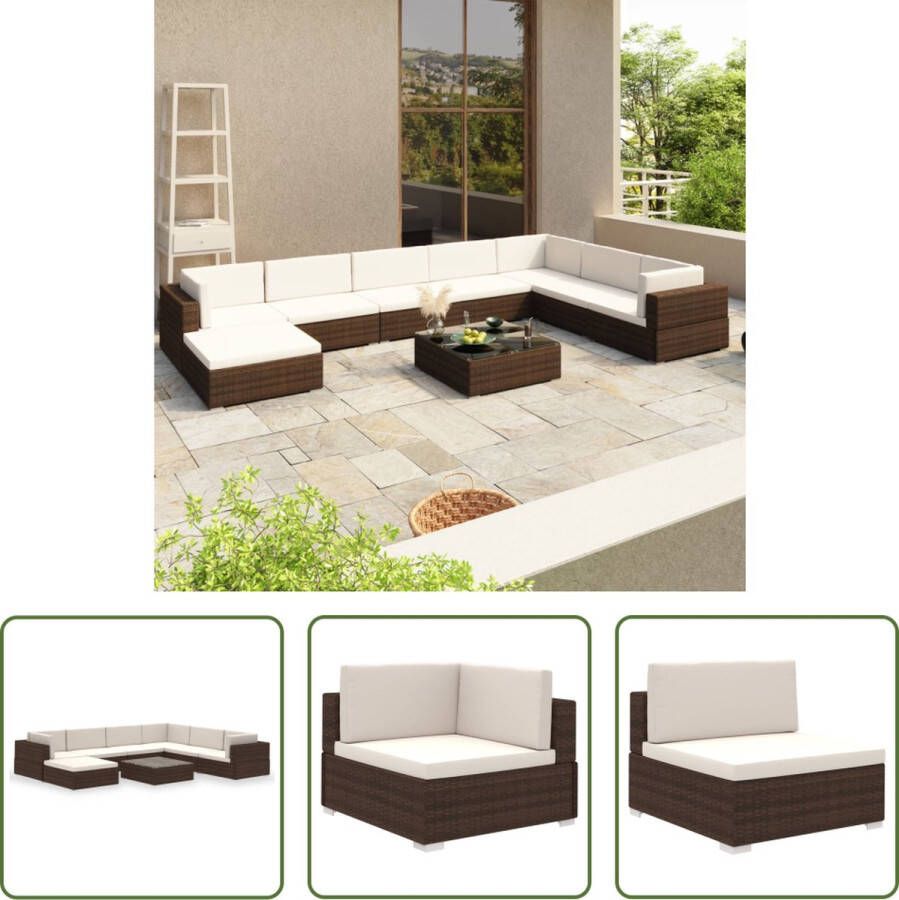 The Living Store Loungeset Bruin PE Rattan Staal frame Waterdicht 6 cm dikke kussens Inclusief hoekstoelen zitstoelen hocker salontafel Levering incl kussens 100% polyester