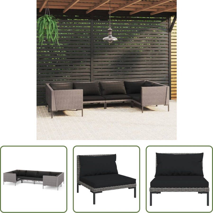 The Living Store Loungeset Classic 2 Middenbank 4 Hoekbank Donkergrijs Rattan Zwart Kussen Gepoedercoat Staal Halfrond PE-rattan Comfortabele kussens