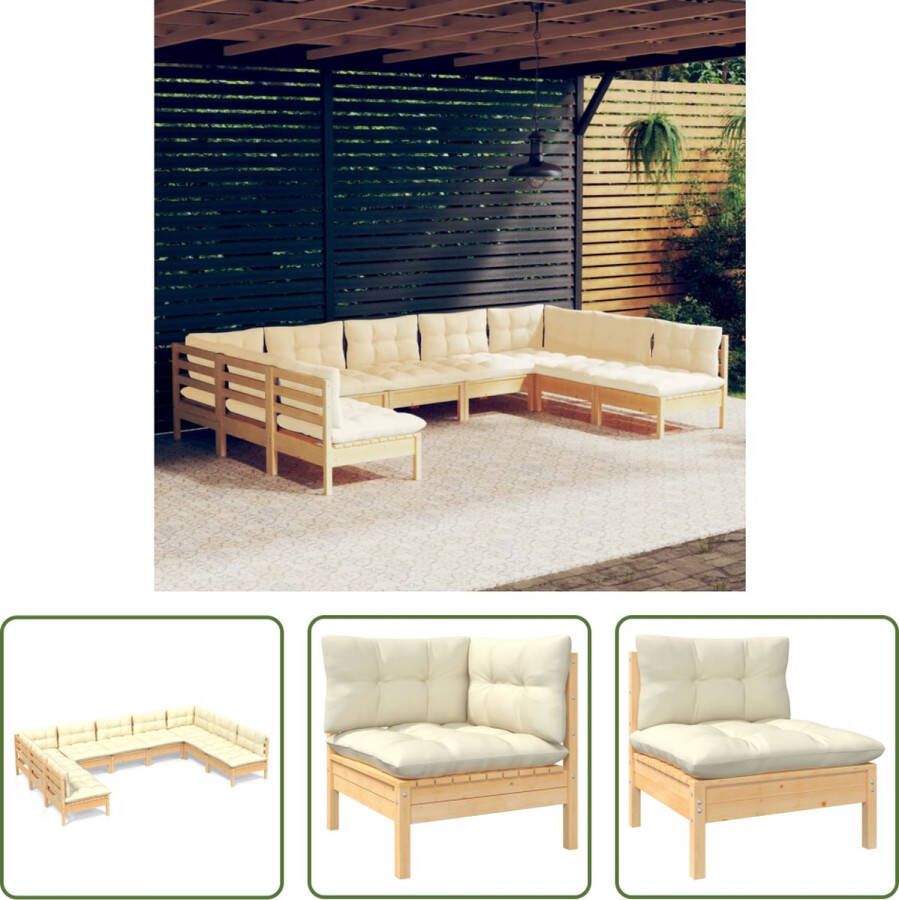 The Living Store Loungeset Grenen Hoekbank 63.5x63.5x62.5cm Middenbank 63.5x63.5x62.5cm Kussen crème 2 hoekbanken 7 middenbanken 9 zitkussens 11 rugkussens