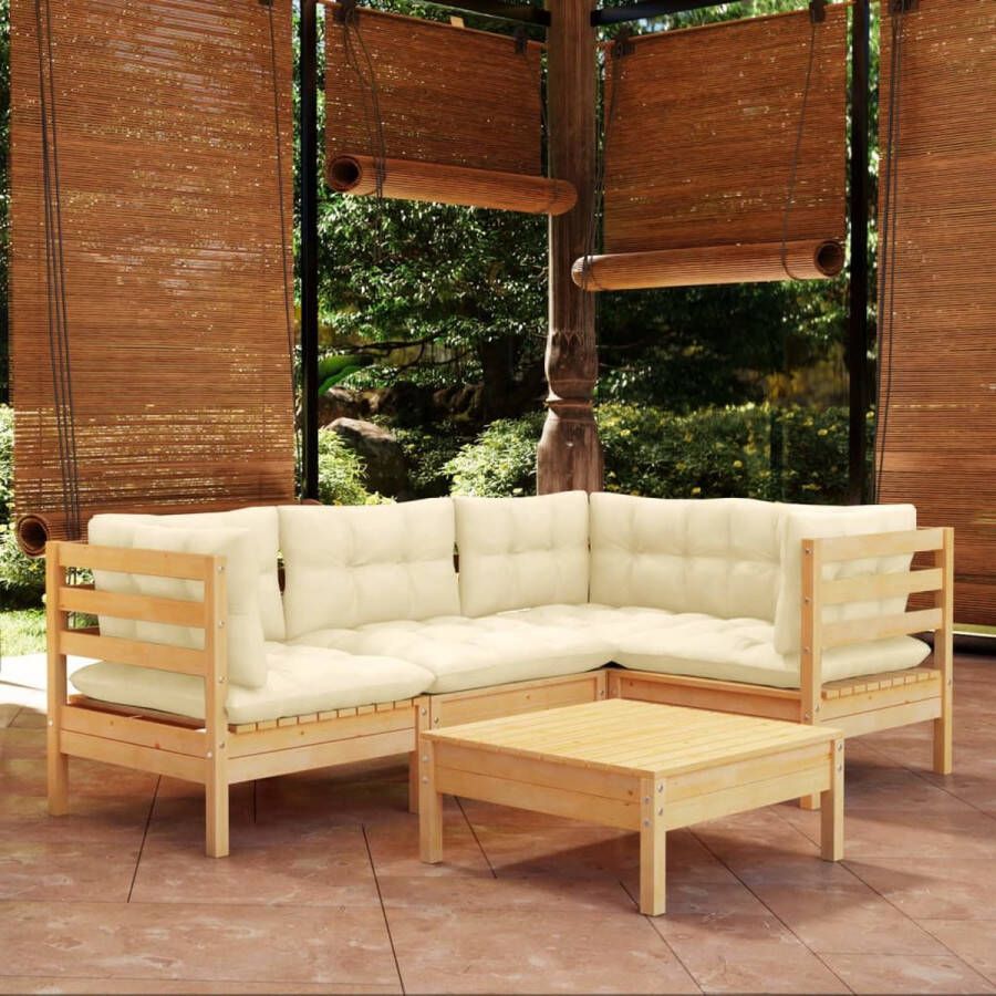 The Living Store Loungeset Grenenhout 3 hoekbank 1 middenbank 1 voetenbank tafel Crème kussen Montage vereist