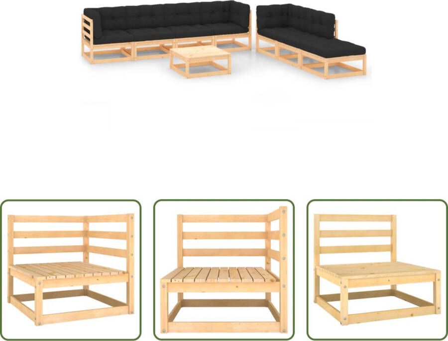 The Living Store Loungeset Grenenhout 3 middenbanken + 3 hoekbanken + tafel + voetenbank + 7 zitkussens + 9 rugkussens Antraciet 150 cm