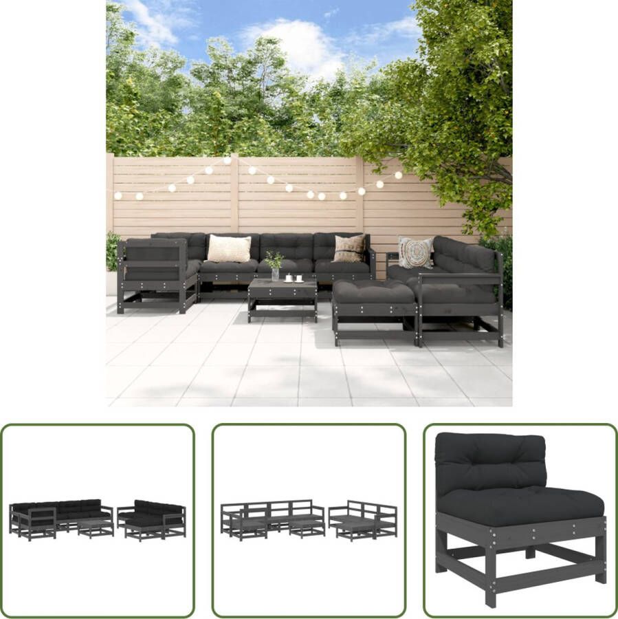 The Living Store Loungeset Grenenhout 3x middenbank 5x tuinstoel 2x voetenbank salontafel 10x zitkussen 8x rugkussen