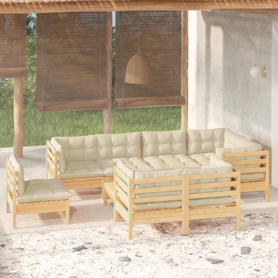 The Living Store Loungeset Grenenhout 5 Hoekbanken 3 Middenbanken Voetenbank Tafel Crème Kussens 60x60x5cm Zitkussen 60x32x5cm Rug Zijkussen