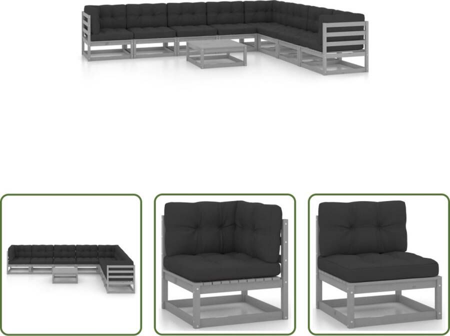 The Living Store Loungeset Grenenhout Grijs 3 hoekbanken 5 middenbanken 1 tafel 8 zitkussens 11 rugkussens