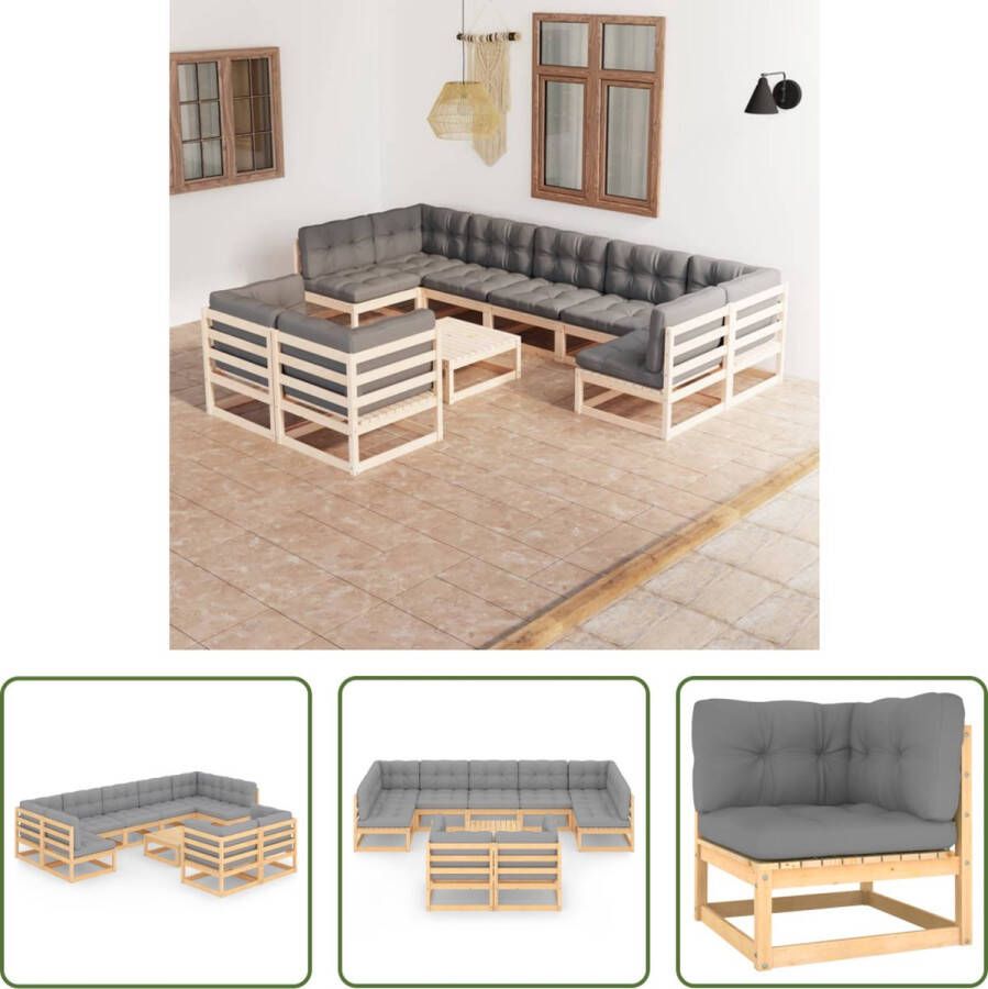 The Living Store Loungeset Grenenhout Grijs 4 hoekbanken 5 middenbanken 1 tafel Afmetingen- 70x70x67 cm (BxDxH) Kussens inbegrepen