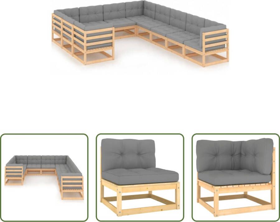 The Living Store Loungeset Grenenhout Grijs 4 Hoekbanken 6 Middenbanken 10 Zitkussens 14 Rugkussens