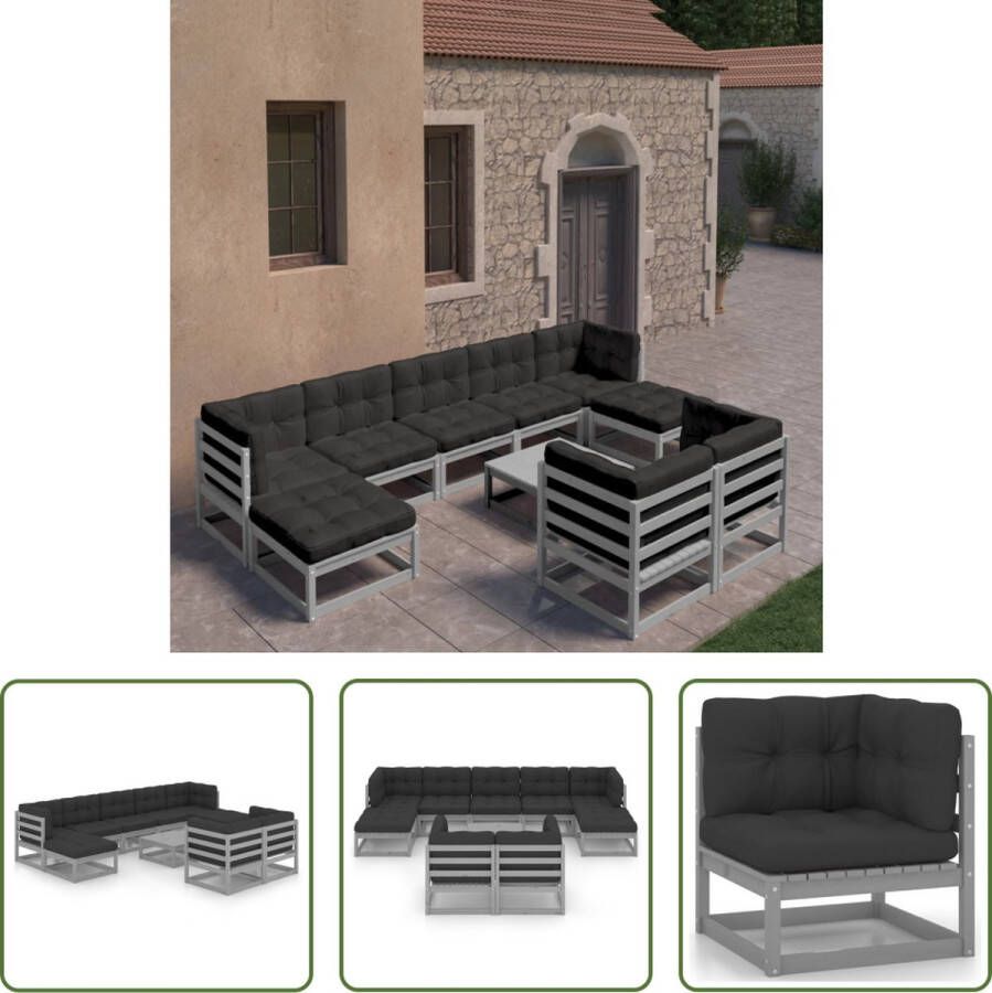 The Living Store Loungeset Grenenhout Grijs 4x hoekbank 3x middenbank 1x tafel 2x voetenbank 70x70x67 cm 100% polyester