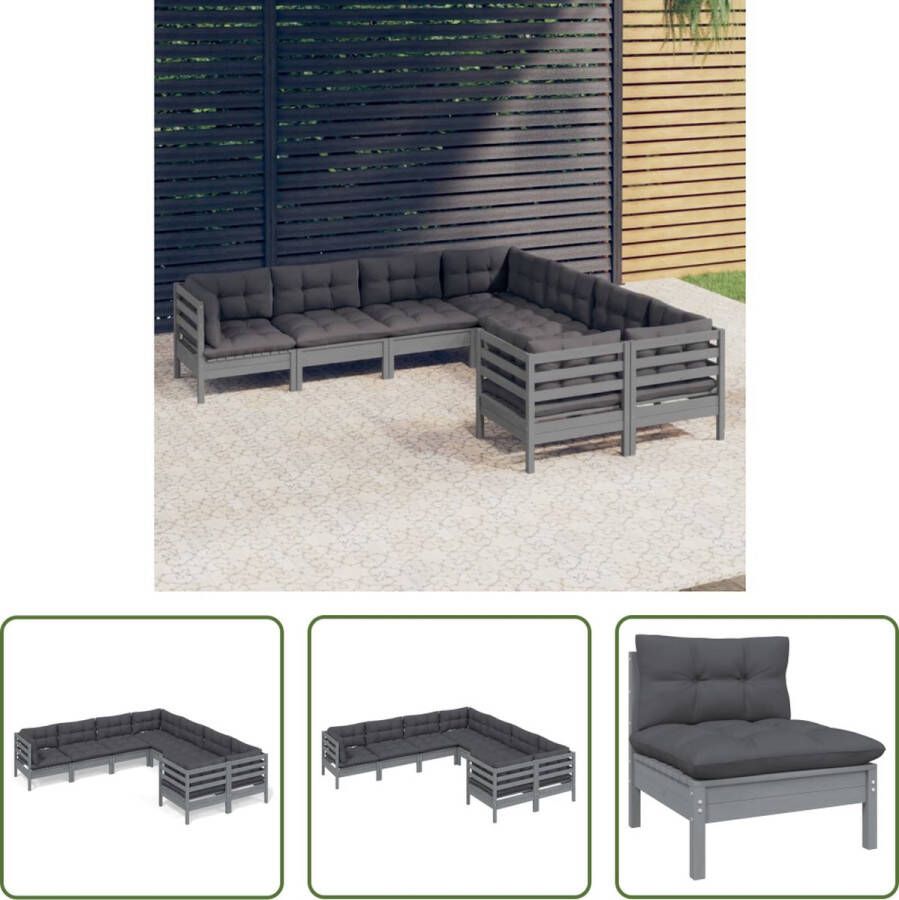 The Living Store Loungeset Grenenhout Grijs 63.5x63.5x62.5cm Inclusief 4 Hoekbanken 4 Middenbanken 8 Zitkussens 12 Rugkussens