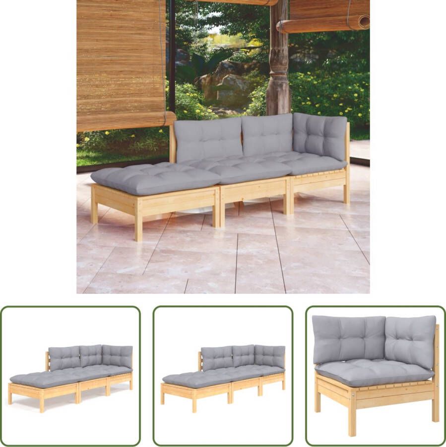 The Living Store Loungeset Grenenhout Grijs Hoekbank Middenbank Voetenbank Afmetingen- 63.5 x 63.5 x 62.5 cm Kussens inclusief