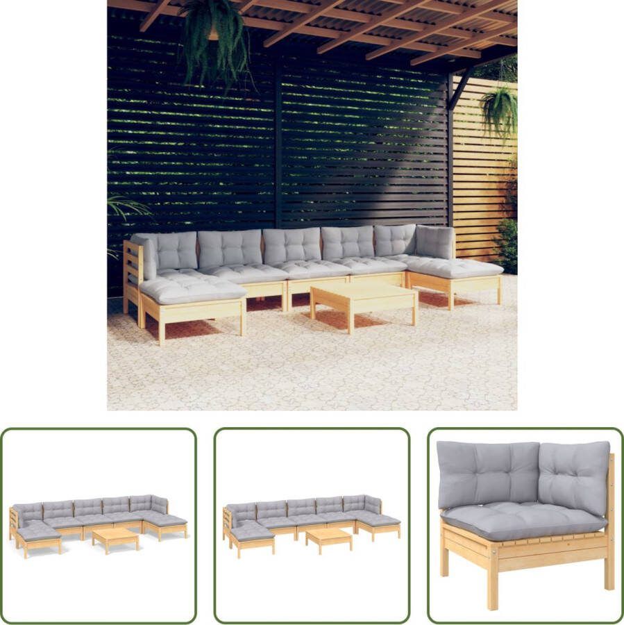 The Living Store Loungeset Grenenhout Grijs Hoek middenbank- 63.5 x 63.5 x 62.5 cm Voetenbank tafel- 63.5 x 63.5 x 28.5 cm Zitkussen- 60 x 60 x 5 cm Rug zijkussen- 60 x 32 x 5 cm Montage vereist