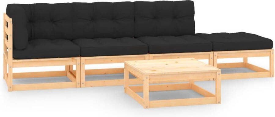 The Living Store Loungeset Grenenhout Hoekbank 2 Middenbanken 2 Voetenbanken Antraciet Kussen 70x70x67 cm