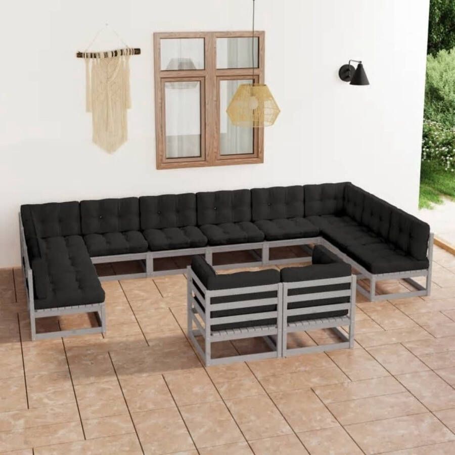 The Living Store Loungeset Grenenhout Hoekbank 70x70x67 cm Grijs springkussen