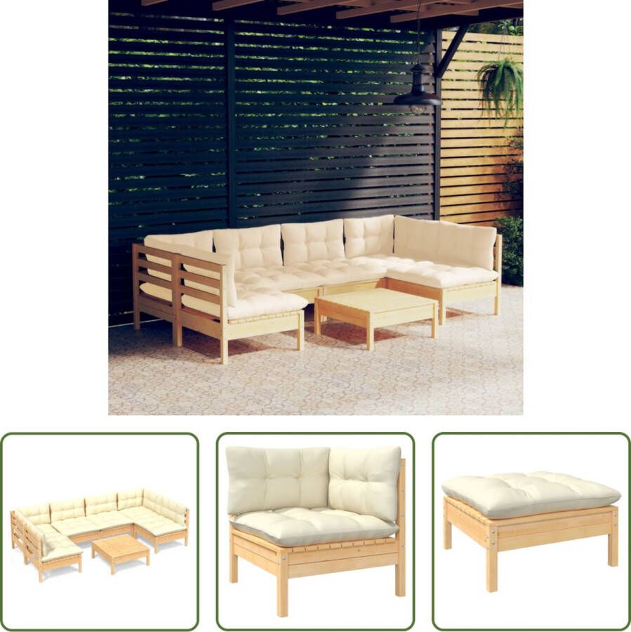 The Living Store Loungeset Grenenhout Hoekbank en Middenbank Crème kussens Montage vereist
