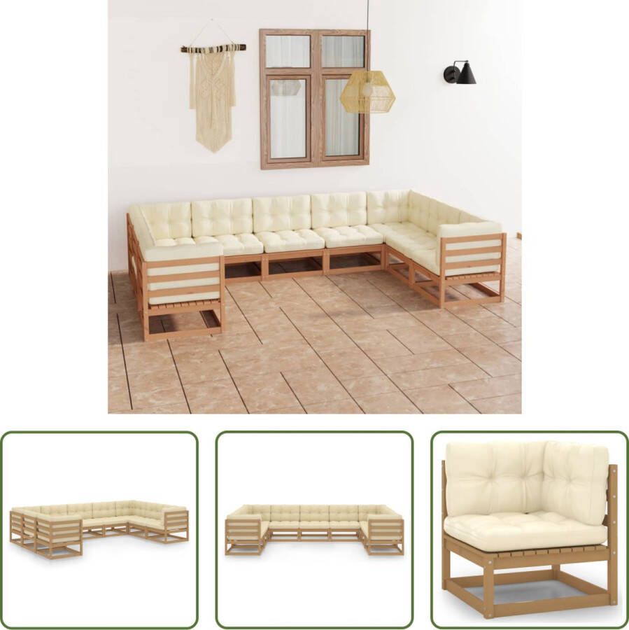 The Living Store Loungeset Grenenhout Hoekbank Middenbank 70x70x67cm Honingbruin Cre?me kussens