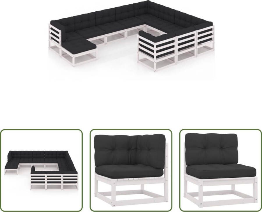 The Living Store Loungeset Grenenhout Hoekbank Middenbank Voetenbank 70x70x67cm Wit Antraciet Kussen