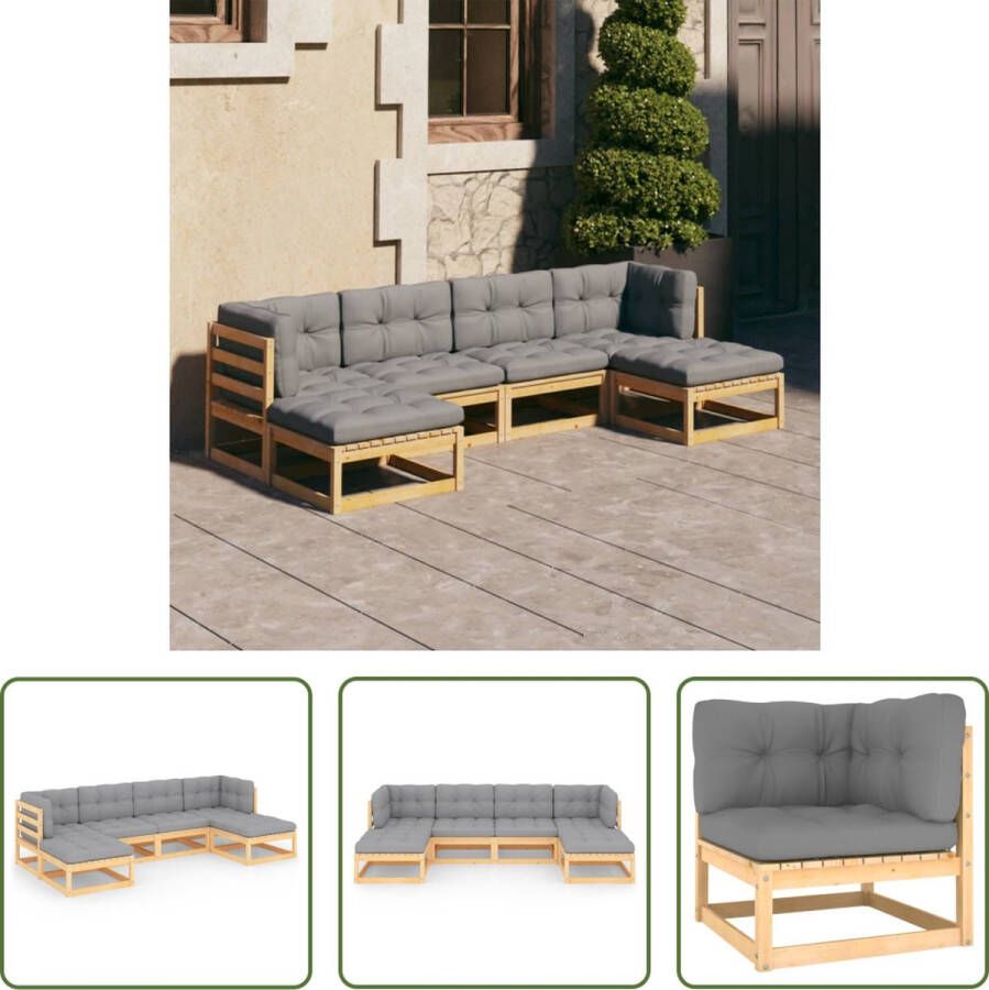 The Living Store Loungeset Grenenhout Hoekbank Middenbank Voetenbank Grijs Kussen 70x70x67 cm