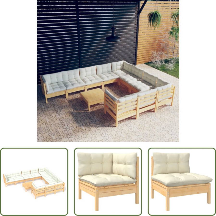 The Living Store Loungeset Grenenhout Hoekbank Middenbank Voetenbank Tafel Crème kussens Montage vereist