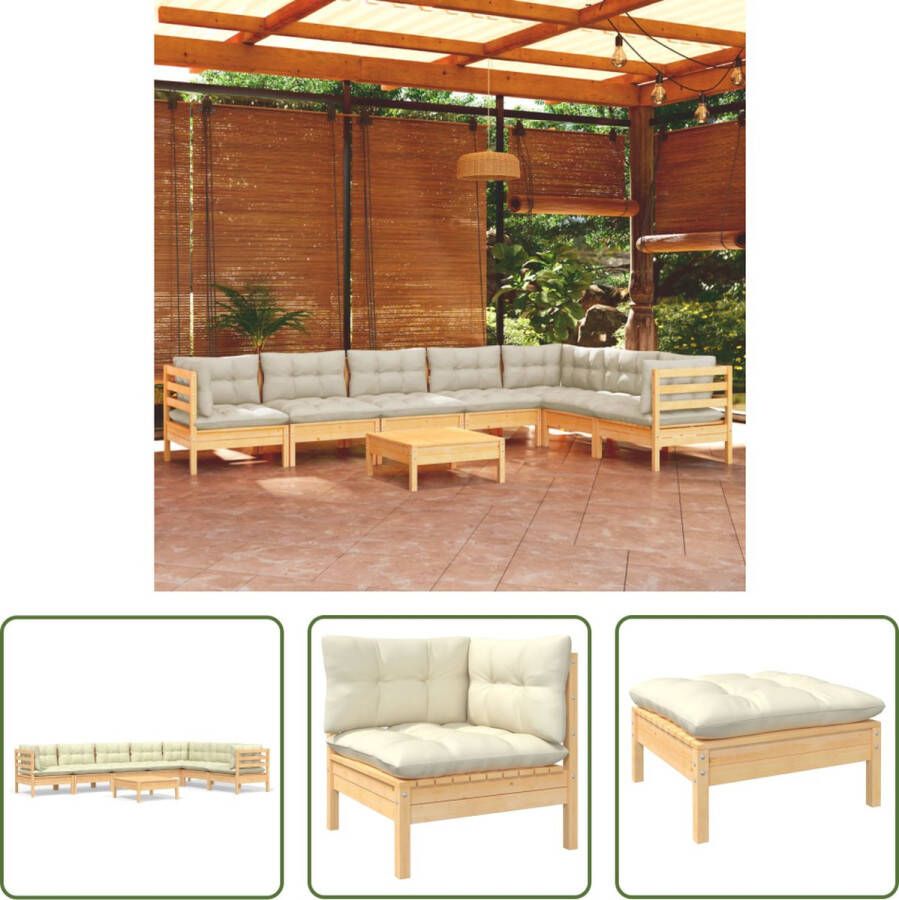 The Living Store Loungeset Grenenhout Hoekbank Middenbank Voetenbank Crème Kussens Zelf Montage 3 Hoekbanken 4 Middenbanken 1 Voetenbank Tafel 8 Zitkussens 10 Rugkussens