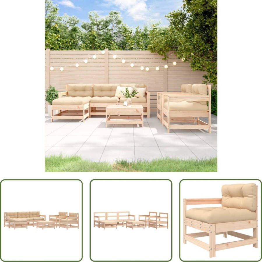 The Living Store Loungeset Grenenhout Middenbank Tuinstoel Voetenbank Salontafel Beige Kussens