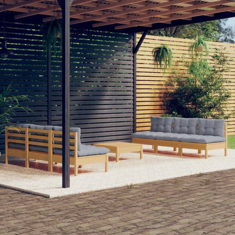 The Living Store Loungeset Grenenhout Middenbanken Voetenbank Tafel Grijs 63.5x63.5x62.5cm Inclusief Kussens