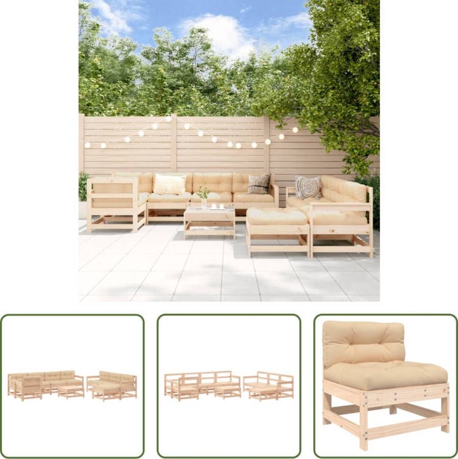 The Living Store Loungeset Grenenhout Modulair 3x Middenbank 5x Tuinstoel 2x Voetenbank Salontafel Beige Kussens 150x60x70.5cm