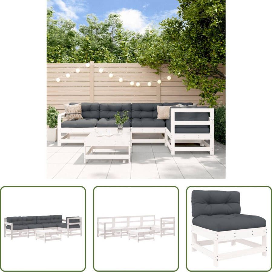 The Living Store Loungeset Grenenhout Wit 2x middenbank 3x tuinstoel 1x voetenbank salontafel