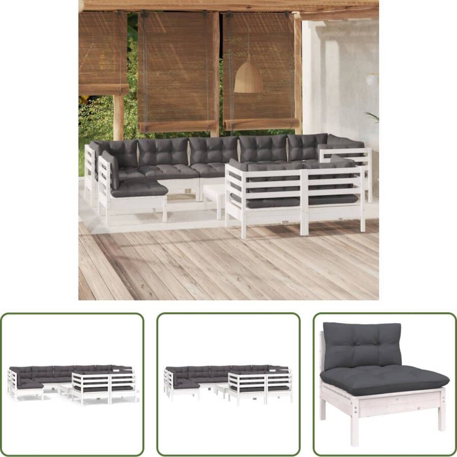 The Living Store Loungeset Grenenhout Wit 63.5x63.5x62.5 cm Antraciet kussen