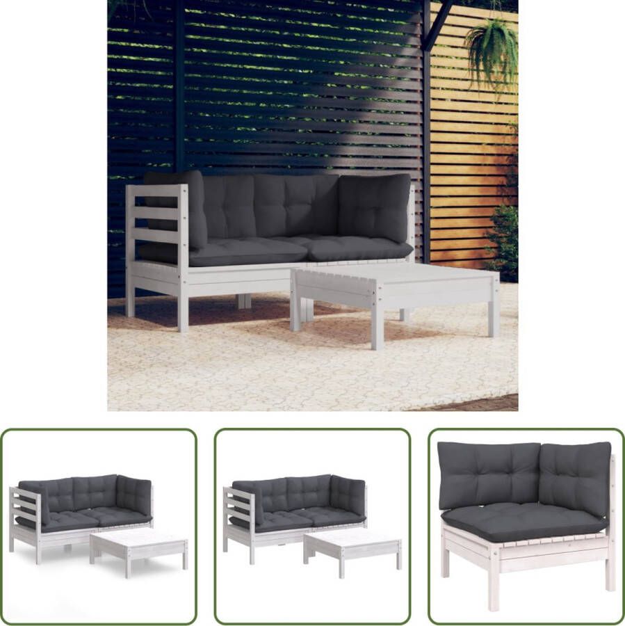 The Living Store Loungeset Grenenhout Wit 63.5x63.5x62.5 cm (hoekbank) 63.5x63.5x28.5 cm (voetenbank tafel) 60x60x5 cm (zitkussen) 60x32x5 cm (rug zijkussen) Montage vereist