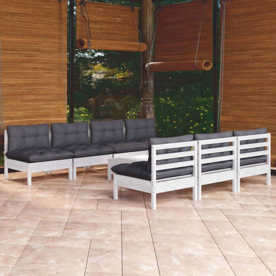 The Living Store Loungeset Grenenhout Wit 7x Middenbank 1x Voetenbank Tafel 8x Zitkussen 7x Rugkussen