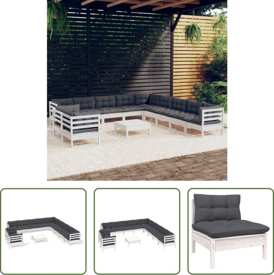 The Living Store Loungeset Grenenhout Wit Hoekbank 63.5x63.5x62.5 cm Middenbank 63.5x63.5x62.5 cm Voetenbank Tafel 63.5x63.5x28.5 cm Zitkussen 60x60x5 cm Rugkussen 60x32x5 cm