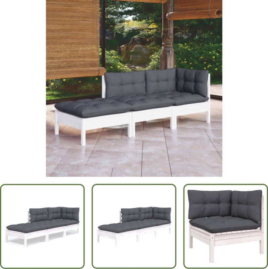 The Living Store Loungeset Grenenhout Wit Hoekbank Middenbank Voetenbank Antraciete kussens Montage vereist 150x150x62.5cm